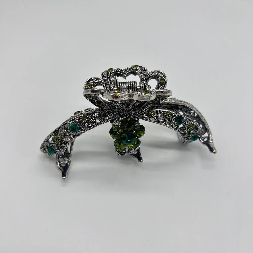 Vintage Claw Clip Silver Tone Floral Green Rhinestones Hair Costume Jewelry